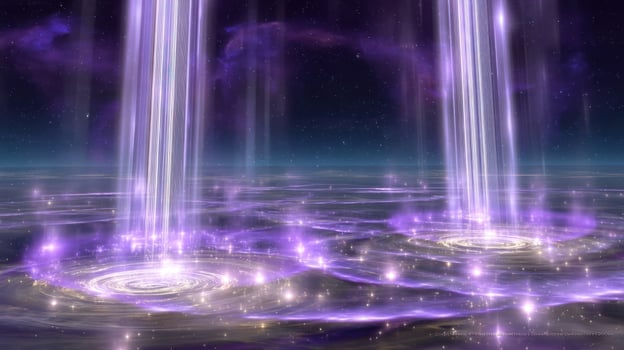 Light beams ascending from cosmic swirls on an interstellar plane, dreamy background photo
