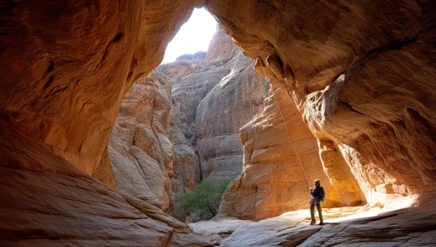 A person standing in a narrow canyon in the desert photo