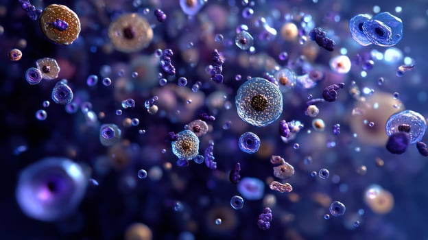 A group of cells in a blue liquid photo