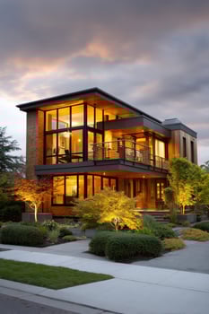 Modern home exterior view with glowing lights and manicured landscape at twilight photo