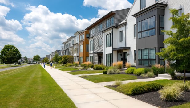 Modern row houses line sidewalk, background people walking, real estate concept photo