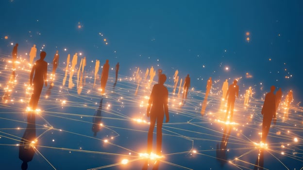 Networked people connected on glowing web, shining lights in future background photo