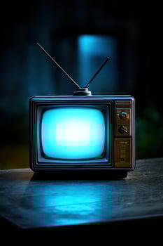 Old television glows on rustic table, blurry background of outdoors at twilight photo