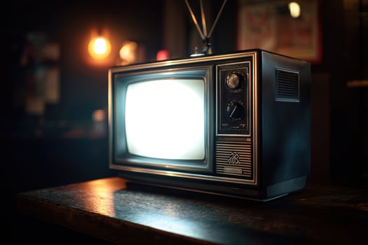 Old Television Set on Wooden Table in Dimly Lit Room with Vintage Atmosphere photo