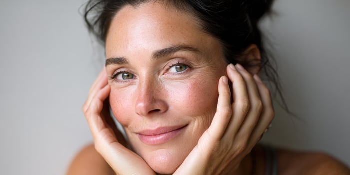 Pensive woman rests her face in her hands against a neutral background photo