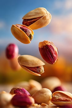 Pistachios fall down to ground against background of blurred fields, food advertising photo