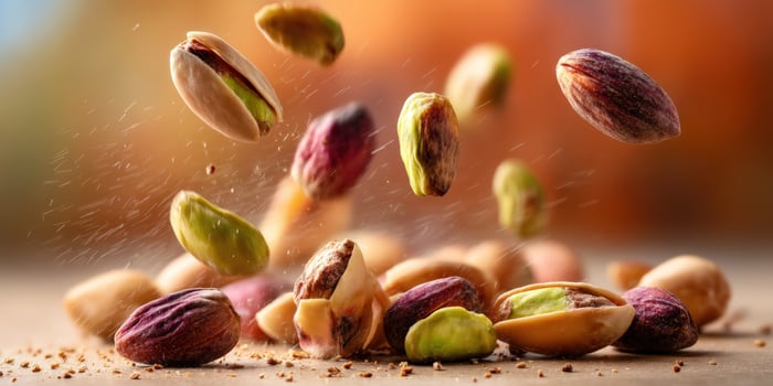 Pistachios falling onto a pile. Healthy food. Warm background. Commercial use photo