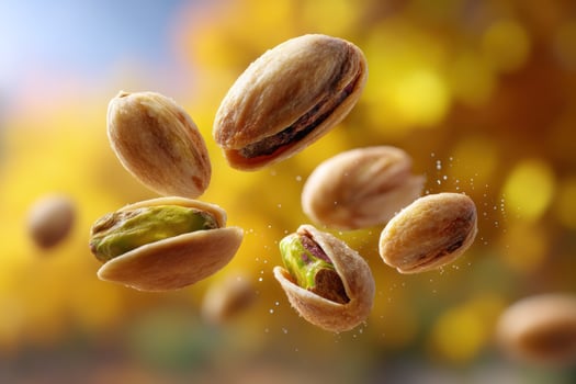 Pistachios floating outdoors, falling into autumn background. Suitable for snack ads photo