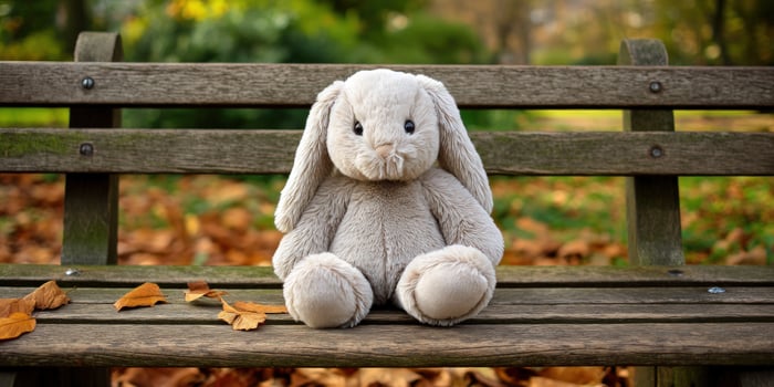 Plush rabbit sits alone on park bench during fall foliage, child toy photo