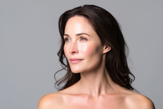 Portrait of a beautiful, mature woman with elegant pose over grey background photo