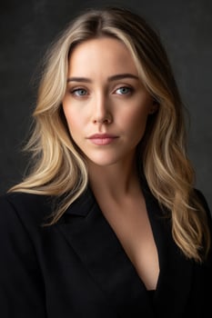 Portrait of a blonde woman wearing suit jacket against a dark background photo