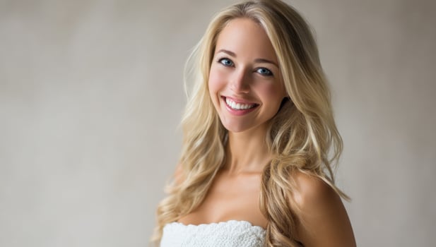 Portrait of a smiling, beautiful woman with blonde hair looking at camera photo