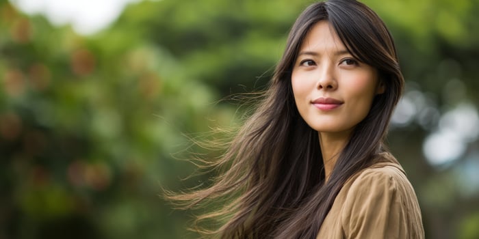 Portrait of an Asian woman in a park, hair blowing in the wind. Positive vibes photo