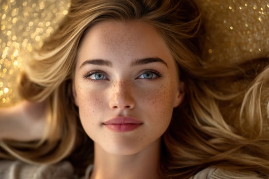 A beautiful young woman with freckles on her face photo