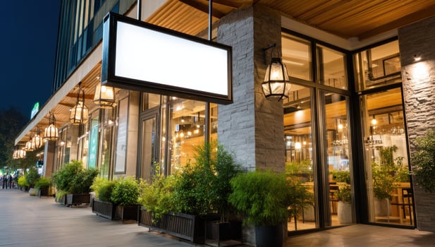 Restaurant entrance, outdoor seating, plants, building, urban city street night photo