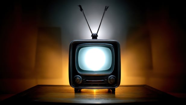 Retro television glowing brightly on tabletop against dark, blurred background photo