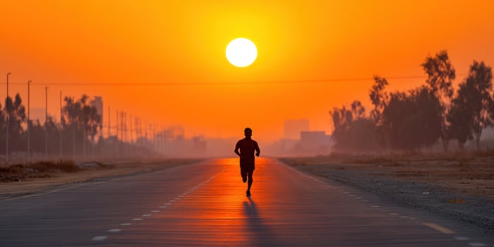 Runner running on road at sunset, trees and city background, for health concept photo