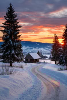 Rural cabin road in winter. Sunset sky over the snowy landscape in background photo