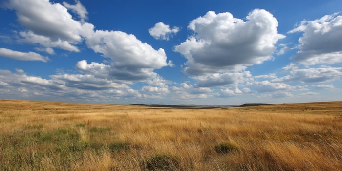 Scenic field of golden wheat under a bright blue sky with white clouds scenery photo