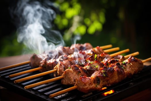 Skewers grilling outdoors, smoke rising, green trees background. Food photography photo