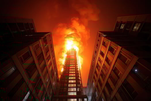 Skyscraper engulfed in flames, ascending view, urban fire, dark night background photo