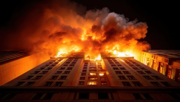 Skyscraper engulfed in flames, burning intensely, against a dark nighttime backdrop photo