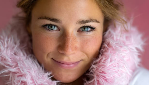 Smiling woman in fur collar, soft light face portrait, pink background photo