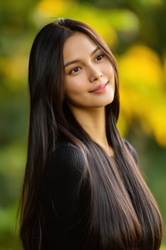 Smiling woman poses outdoors in a park, fall background, beauty concept photo