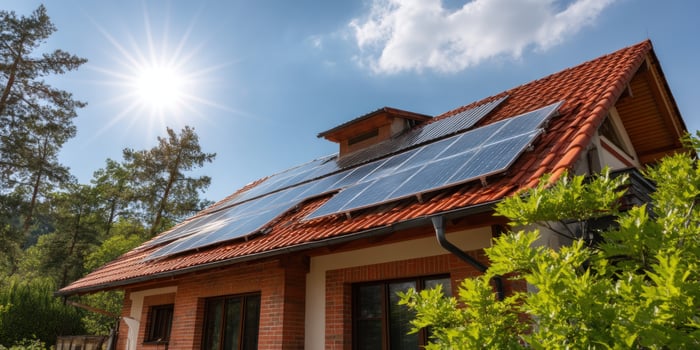 Solar panels on a red-roofed brick house under bright sunshine, outdoor energy photo