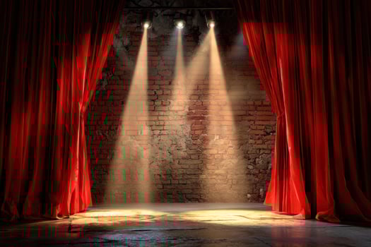 Stage with red curtains, brick wall, and three spotlights shining down photo