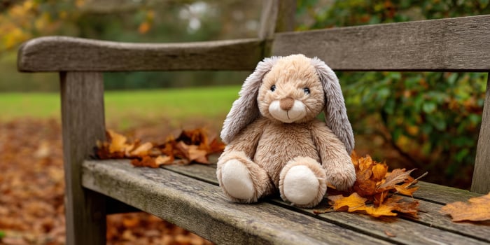 Stuffed bunny sits alone on wooden bench with autumn leaves on the background photo