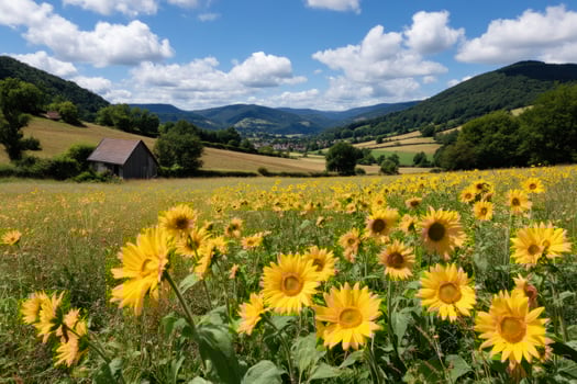 Sunflower field blooming on a beautiful sunny day in countryside hills, for nature photo