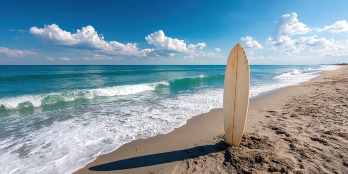 Surfboard stands on beach, sunny day, calm ocean backdrop, blue sky and clouds photo