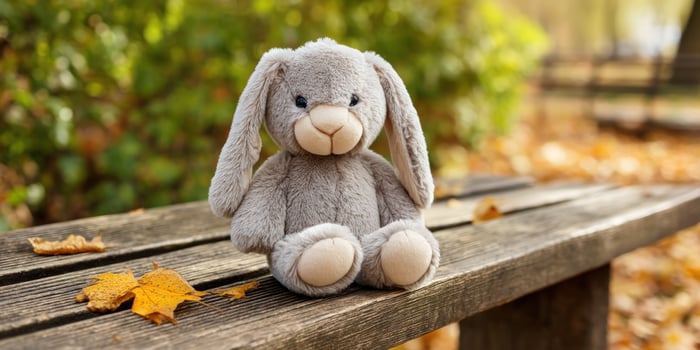 Toy bunny sitting on wooden bench in park during autumn, for children's stories photo