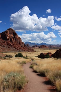 Trail leads into desert valley with mountains on sunny day with puffy clouds photo