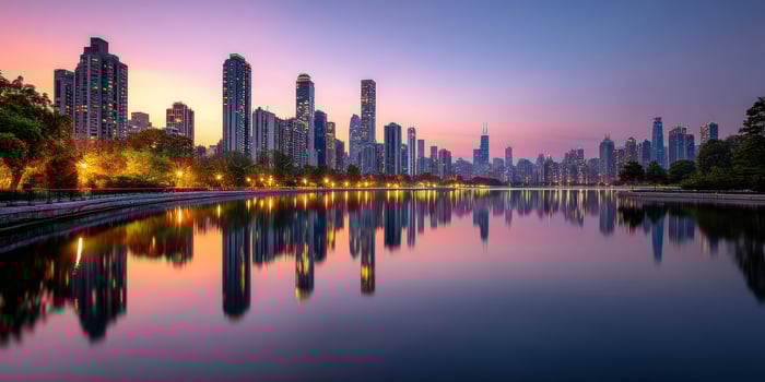 Urban skyline reflecting on water at twilight, serene atmosphere. City view photo