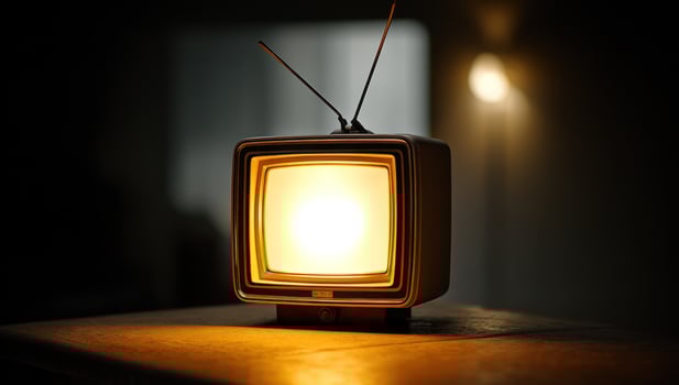 Vintage TV glows on table indoors, emitting warm light in blurred room photo