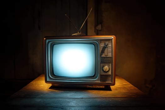 Vintage television glowing bright in dark, rustic room with rough wall texture photo
