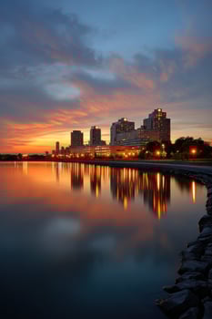 Waterfront cityscape reflects evening sky, vibrant colors illuminate city skyline photo