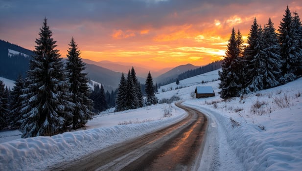 Winter road leads towards cabin in snowy mountains at sunset. Beautiful sky photo