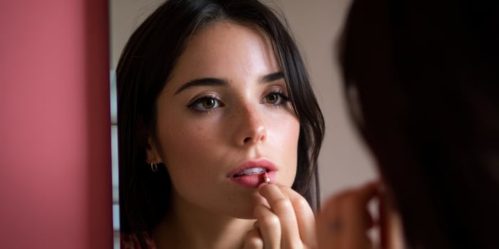 Woman applies lipstick looking at reflection, in bathroom, with plain backdrop photo