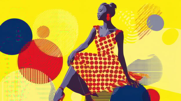 Woman in polka dot dress poses, yellow background with bright circles for print ad photo