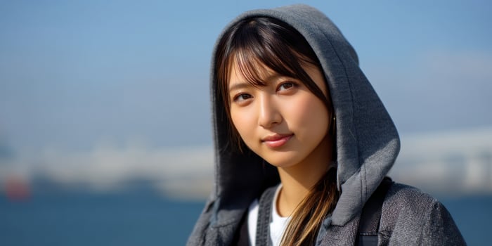 Woman in hoodie poses on sunny day by water, distant cityscape background photo