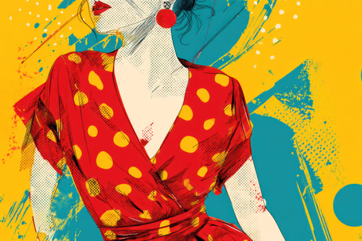 Woman in polka dot dress, artistic portrait, brushstroke background. Art use photo