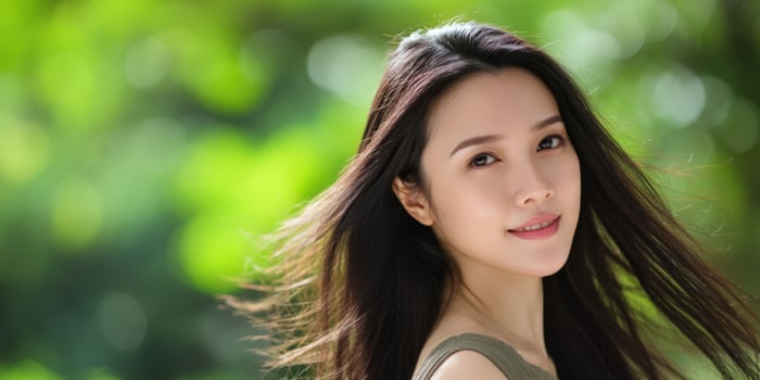 Woman smiles. Hair blowing in breeze. Outdoors in nature. Beauty, health concept photo
