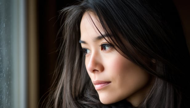 Young Asian woman looks out window in pensive mood. Soft light, dark background photo