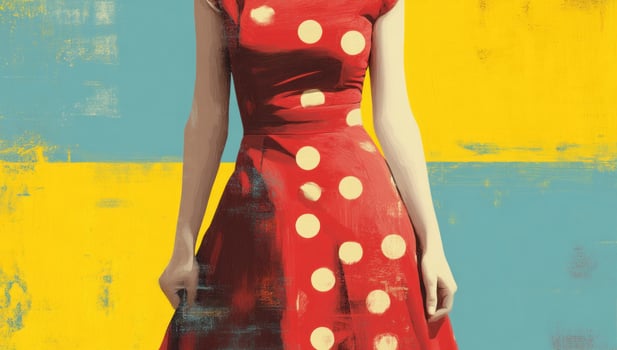 Young Woman in Red Polka Dot Dress Against Abstract Yellow and Blue Background photo