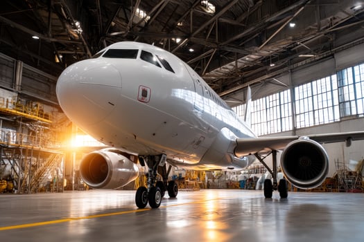 Aircraft parked in hangar ready to fly. Airplane maintenance, engineering photo