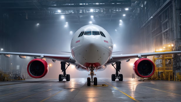 Airplane stands parked inside maintenance hangar, awaiting repairs and checks photo