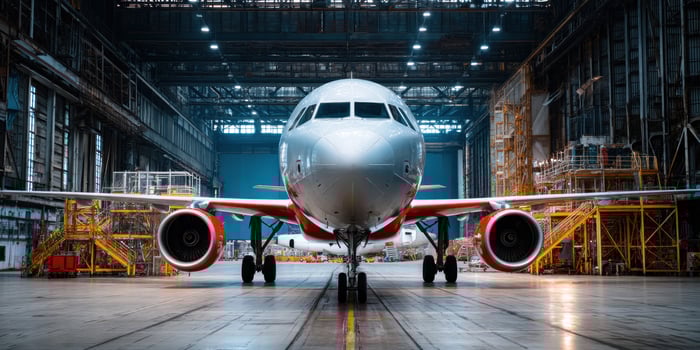 Airplane frontal view in hangar for maintenance, repairs, inspection. Use travel photo